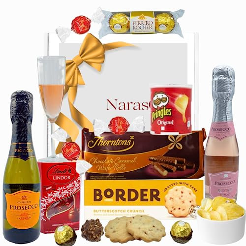 Prosecco Gifts for Women - Fruit & Rose Pink Proseco and Chocolate Gift Set, Biscuits, Wafers, Crisps - Prosecco Gifts Set, Wine Gift Set, Birthday Hampers for Women, Fathers Day Hampers