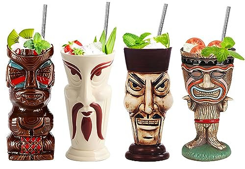 Morlinca Tiki-Becher 4er Cocktail-Set Keramik Tiki-Tassen Hawaii Tiki Party Kreative Cocktail Glas Bar Drinkware Premium Tropical Exotic,A15