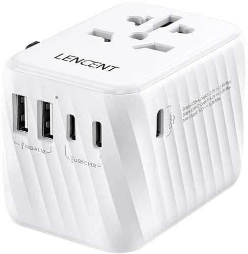 LENCENT Universal Travel Plug Adapter Worldwide with 3 USB C and 2 USB A Ports, International Travel Adapter for UK to EU, USA, UK, Australia, Thailand, Japan(28W, White)