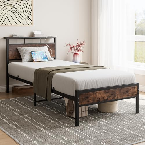 FOUBAM Bett 90x200,Metall Bettrahmen mit Holz Kopfteil Regalen,Bettgestell aus Metall mit Lattenrost,Einzelbett Bettrahmen Gästebett Jugendbett für Schlafzimmer Gästezimmer, Schwarz und Braune