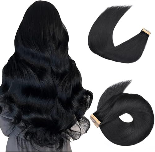 HotLulana Tape Extensions Echthaar Tief Schwarz Extensions Echthaar 20zoll/50cm 40Pcs 100g Skin Weft 100% Natürliche Tape in Extensions Echthaar Invisible Echthaar Extensions Tape #1.