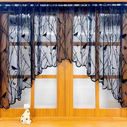 Sarah Duke Gardine Vorhang Scheibengardine Blumen und Vögel Gardinen, Landhausstil Bistrogardine Transparent Vorhänge, Kurzgardinen für Cafe Fensterdeko (Schwarz,150x90cm (BxH))