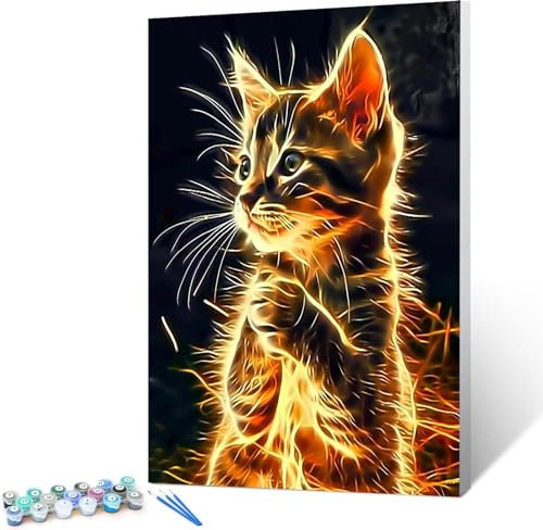 Pintar por Numeros Adultos Niños DIY Pintura por Numeros Gato Cuadros para Pintar por Numeros Kit con Pinceles y Pinturas Acrilicos, Fuego 50x65cm Con Marco