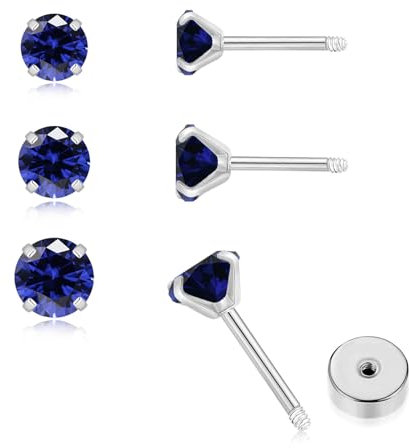 3Pairs CZ Stud Flat Screw Back Earring Studs for Women, Handmade 20G Hypoallergenic Screw Back Cartilage Helix Piercing Stud Earrings (2mm/3mm/4mm Silver, Sapphire CZ)