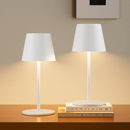 lundwa Dimmbare 2 Stück led akku tischleuchte 26CM, 5000mAh camping lampe akku aufladbar,3W 3000K tischleuchte kabellos, IP54 Outdoor Tischlampe für Restaurant, Schlafzimmer, Bar (Weiß)