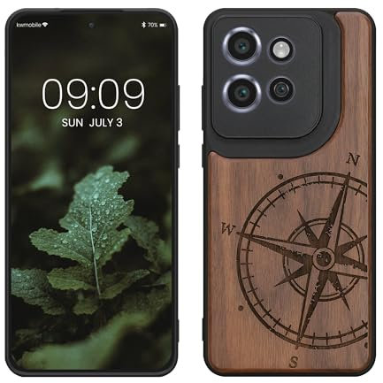 kwmobile Hülle kompatibel mit Motorola Edge 60 Neo/Edge 50 Neo/ThinkPhone 25 Hülle - Holz Case - Handy Cover - TPU Handyhülle in Dunkelbraun Kompass Vintage