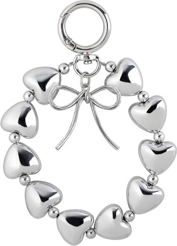 Silber Herz Handykette Perlen Handyband Kurz Handschlaufe Schlüsselband Schlüsselanhänger Handyanhänger Taschenanhänger Bogen Herzen Handyketten Schlüsselringe Anhänger Keychain Phone Charm Bag Charms