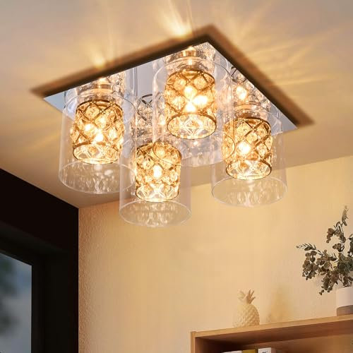 CBJKTX Deckenleuchte Wohnzimmer Deckenlampe Vintage - Küchenlampe G9 Kristalle Glas Design Flurlampe 4 Flammig Schlafzimmerlampe für Flur Schlafzimmer Küche Eingang ohne Leuchtmittel