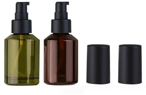 QUUPY 2Pcs 60ML/2OZ Empty Glass Lotion Pump Bottle Makeup Cream Lotion Container Refillable Cosmetic Lotion Pump Bottle Dispenser for Emulsion Essential Oil Liquids(Brown+Green)