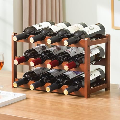 Tinyuet Portabottiglie Vino, Portabottiglie in Bambù a 3 Piani per 12 Bottiglie Standard, Portabottiglie Autoportante per Vino, Perfetto per Cucina, Soggiorno, Cantina - 43x28x23 cm