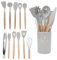 Set de Utensilios de Cocina de Silicona – Juego de 14 Piezas con Mango de Madera y Soporte – Resistente al Calor, Antiadherente, Ideal para Cocinar y Servir (Kaki)