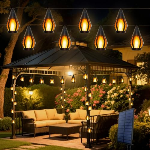 Siknoud Solar-Lichterkette für den Außenbereich, wasserdicht, solarbetrieben, Terrassenlichter mit 10 flackernden Flammen, hängende Laterne, Lichterkette für Garten, Hof, Pavillon, Café, Bistro, Party