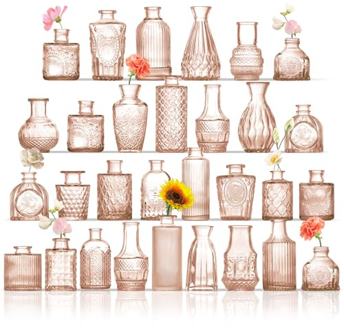 ROLLSCERAY Lot de 30 vases à bourgeons en verre pour centres de table, petits vases pour fleurs, mini vases vintage, petits vases à fleurs pour centres de table, vases à bourgeons ambrés pour