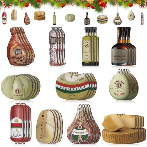 Vercraft 44 Pcs Italian Food Wooden Ornament Christmas Tree Hanging Ornament Italian Cheese Deli Food Balsamic Vinegar Salami Prosciutto and Olive Oil for Party Christmas Tree Home Decoration