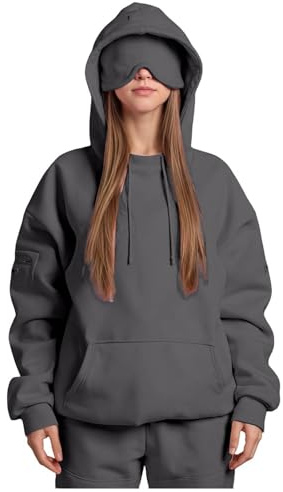Hauetro Kapuzenpullover mit integrierter Augenmaske Damen Herren - Bequeme Travel Hoodies Kapuzenjacke Flugreisen versteckten Taschen Sweatshirt-Pullover tragbare Decke mit Kapuze für Erwachsene