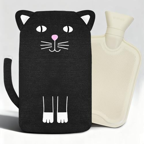 Hot Water Bottle with Cover Animal, Cat Mini Knitted Hot Water Bottle Children 2 Litres, Hot Water Bottle for Pain Relief, Bed Bottle for Adults, Hot Water Bottle Gift for Women Men