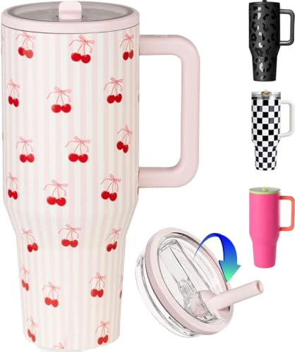 ZHUIYIWIN Tumbler with Folding Straw and Handle, Water Bottle Coffee Cup Travel Mug for Cold or Hot Drinks, Double Wall Stainless Steel Vacuum Insulated Tumbler (Cherries, 890 ml)