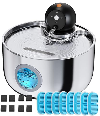 Wireless Cat Fountain with Motion Sensor: Stainless Steel Water Fountain Cat Bowl Battery Operated - 2.6L Automatic Cordless Water Dispenser for Small Animals with Water Level Window - 16 Filters