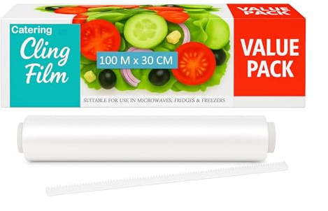 100m Cling Film in Cutter Box, 300mm Strong Catering Food Wrap | Strong Catering Cling Film for food wrapping, in dispenser box with cutter, microwave and freezer safe for kitchen use.