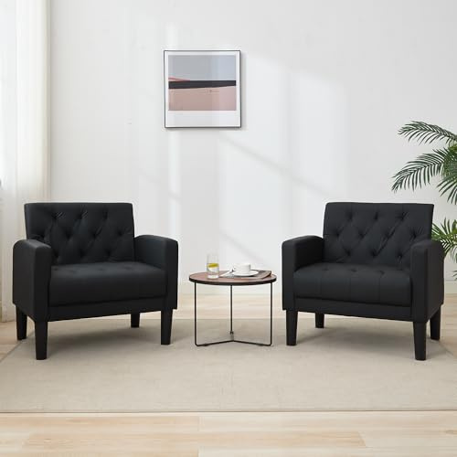 Black Leather Accent Chairs Set of 2, Tufted M-C-M Chairs for Living Room