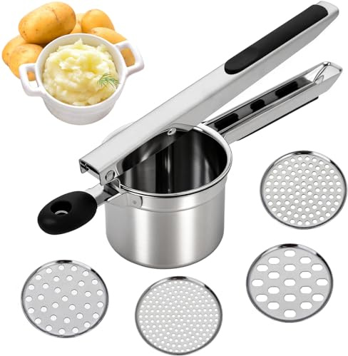Edelstahl Kartoffelpresse mit 4 auswechselbaren Sieben | Spätzlepresse für Kartoffelbrei, Gemüse | Spaghettieis-Quetsche, Spätzlehobel
