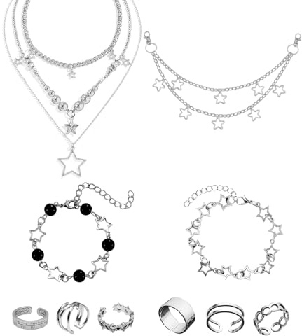 Silberne Sternenkette, Y2K-Schmuckset, Grunge-Halsketten, Stapelkette | Y2K-Schmuckset, Kawaii-Sternkettengürtel, ästhetische Gothic- und Emo-Accessoires, Alternativer Schmuck für Frauen