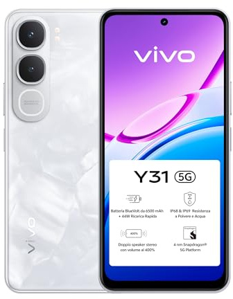 vivo Y31 5G Smartphone 6+6GB RAM Dinamica, 256GB ROM, Batteria 6500mAh BlueVolt, Fotocamera 50MP, Display 6.72 LCD, NFC, IP68/IP69, Stereo 400% Volume, Android 15, White