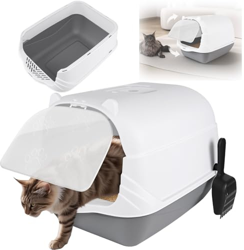 Large Cat Litter Box Litter Tray, Litter Box with Lid, Scoop, Flap Door for Easy Cleaning, Large Anti-Splashing Hooded Space Cat Litter Tray 51 x 37 x 36 cm