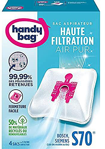 Handy Bag - Sacs aspirateur S70 x4sacs - Compatibles Bosch, Siemens, Privileg, Profilo, UFESA - 99,99% des poussières retenues - Fermeture facile - Filtre anti-allergène - 50% de matériaux recyclés
