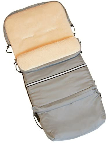 Baby-Joy Fußsack FINN 110 cm aus Lammwolle und Polyester für Kinderwagen und Buggy, 4in1 Thermofußsack, Kaputze, Krabbeldecke, Tasche | Farbe: 01 Grau