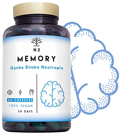 Nootropic - Ginko Biloba für Konzentration. Folsäure, Reishi, Bacopa Bonnieri. Brain Booster | Koffein. Vit b12, B6 zur normalen psychologischen Funktion beitragen.60Vegan Kapseln N2 Natural Nutrition