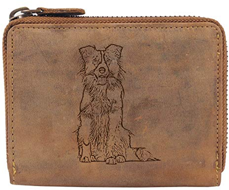 Greenburry Vintage Leder Damen Geldbörse Portemonnaie mit Hundemotiv Braun 13x10x3cm