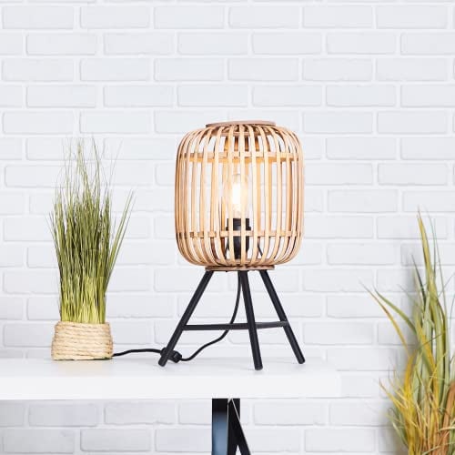 Lightbox dekorative Tischlampe - Tischleuchte im Nature-Style mit Schalter - Metall/Rattan Hellbraun - 41cm Höhe