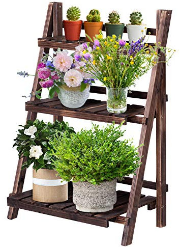 RELAX4LIFE Scaffale Pieghevole per Piante a 3 livelli in Legno, Porta Piante Fiori con Struttura Triangolare, Scaletta Decorativa per Giardino,Cortile e Balcone (Modello 13)