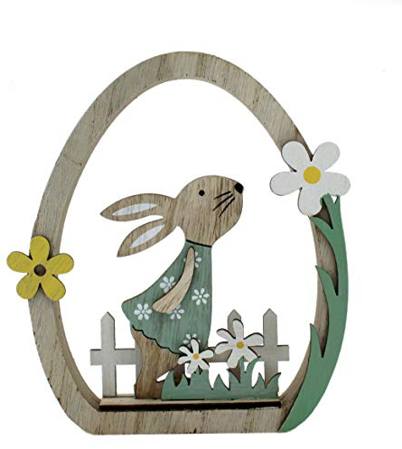 DARO DEKO Holz Hase im Ei auf Blumen-Wiese 13 x 15cm 1 Stück