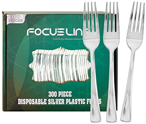 FOCUSLINE 300 Pack Disposable Silver Plastic Forks, Solid and Durable Plastic Cutlery Forks, Heavy Duty Disposable Utensil Silverware for Catering, Parties, Dinners, Weddings