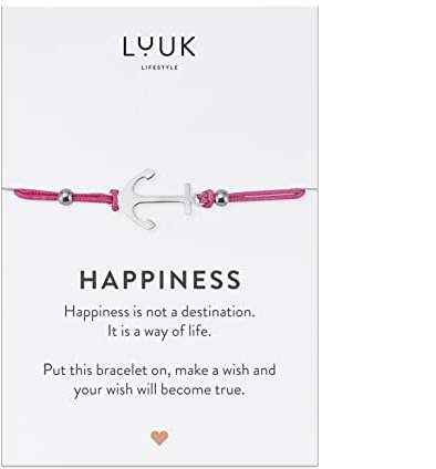 LUUK LIFESTYLE Freundschaftsarmband mit Anker Anhänger aus Edelstahl, Glücksbringer, mit HAPPINESS Karte, originelles Geschenk für Frauen, Geburtstag, moderner Look, Festival Accessoire, Silber