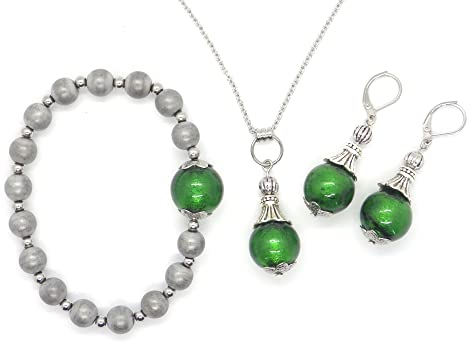 Conjunto de joyería pendientes, collar y pulsera en acero inoxidable, hematites y cuentas de cristal de Murano verde