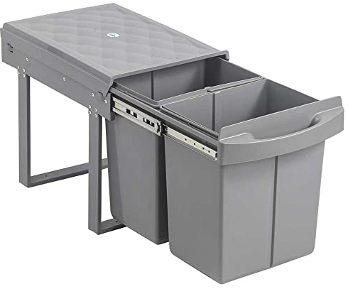 BAKAJI Cubo de basura extraíble para debajo del fregadero de cocina, recogida, diferenciada, 2 contenedores de basura de 15 litros extraíbles, estructura de metal, capacidad de 30 litros