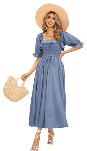 R.Vivimos Women Square Neck Puff Sleeve Boho Midi Dress | Off Shoulder,Backless,Elastic Smock Bust,Empire Waist,Floral,A Line,Casual,Beach,Milkmaid,Vacation,Peasant,Party,Long Dresses