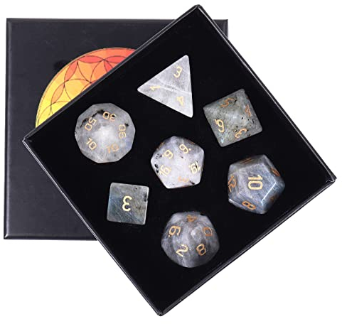 KYEYGWO Labradorit Kristall Polyedrische Würfel Set, 7pcs Reiki Heilung Stein Polyedrischer Spielwürfel für Dungeons und Dragons RPG DND Dice Tischkartenspiele Brettspielwürfel