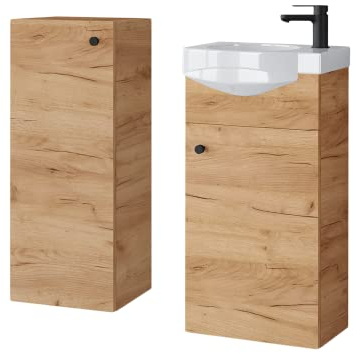 Planetmöbel Badmöbel Set Waschtisch mit Unterschrank 40 x 60 x 29 cm mit Midischrank 32 x 75 x 23 cm für Badezimmer, Gäste WC & Bad, Gold Eiche