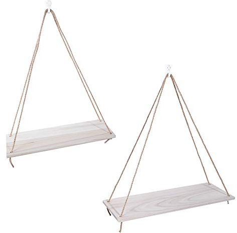 Natudeco 2 Stück Holz hängende Blumentopfhalter Wand schwimmende Regale Schlinge Seil hängende Lagerregal für Blumentopf Fotorahmen Handwerk Heimdekorationen(Holzfarbe)