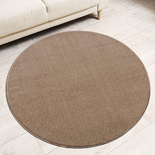 Impression Kurzflor-Wohnzimmerteppich - Schlichte Moderne Teppiche für Schlafzimmer, Büro, Flur, Küche, Kinderzimmer - Beige, 120 cm Rund