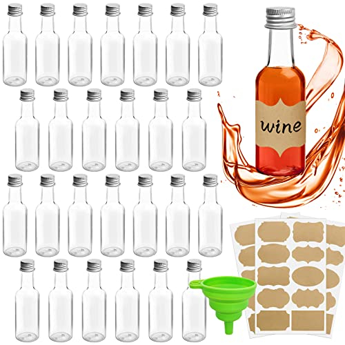 Daily Treasures 26Pack Miniature Alcohol Bottles, 50ml Mini Liquor Bottles with Silver Screw Caps, Reusable Plastic Empty Spirit Bottles with Silicone Funnel & Label Stickers