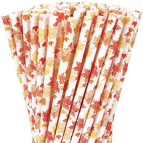 Waline 200Pcs Fall Thanksgiving Paper Straws - Maple Leaf Disposable Straws in Orange, Yellow, Autumn Colors for Fall Thanksgiving Party Supplies