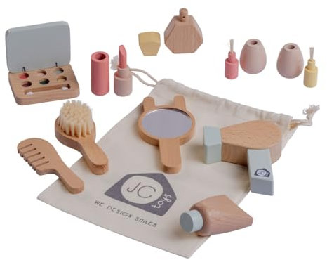 JC TOYS Schminkset für Kinder, 10-teilig, Holz-Set, Make-up-Zubehör für Mädchen, Simulationsspiele, inkl. Aufbewahrungstasche, ideal zum Verschenken, ab 3 Jahren