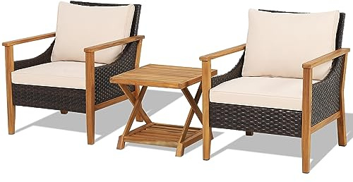 COSTWAY 3 Pieces Rattan Bistro Set, Acacia Wood Garden Table and Chairs Patio Sofa Set with Coffee Table and Cushions, Outdoor Furniture Wicker Conservatory Set for Balcony, Backyard and Poolside