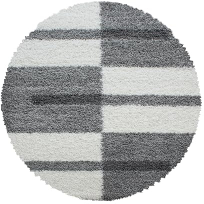 Carpettex Hochflor Teppich - Wohnzimmer Shaggy Flokati Modern Kariert Design 120 cm Rund Hellgrau - Schlafzimmer Weich Flauschig Waschbar - Küche Esszimmer Langflor