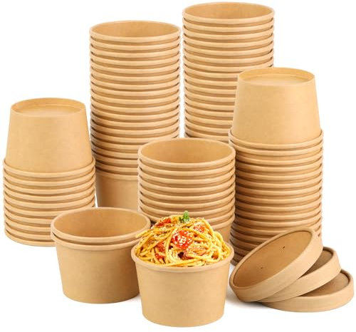 Giwrmu 8 oz 75 pack Paper Soup Cup Disposable, Paper Food Containers with Lids, Kraft Ice Cream Container for Soups, Stews, Ice Creams, Sorbet and Salads